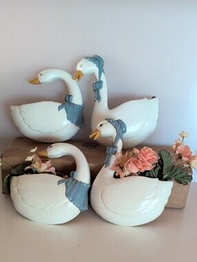 Vintage 4 White Swan, Wall Art Pockets with Blue Accents.
